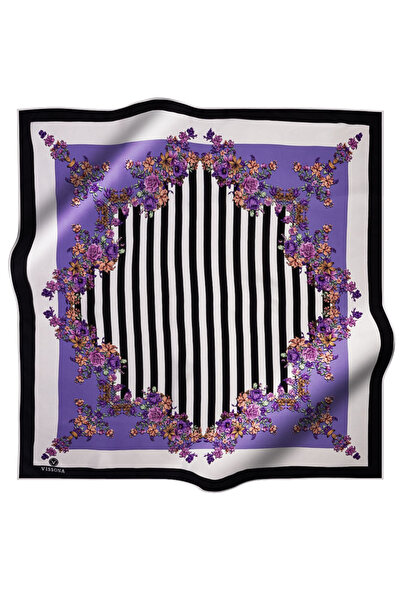 Vissona 100% Twill Silk Crispy Floral and Stripe Patterned Black - Lilac Colored 90X90 Scarf Sewing Shape: Hand Sewing