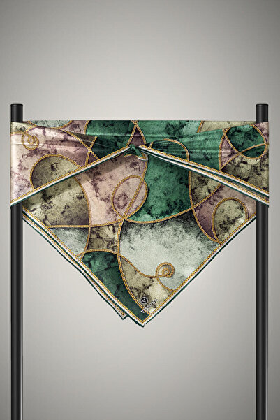 Vissona 100% Twill Silk Chain Marble Pattern Emerald Green - Khaki Color 90X90 Scarf Planting Shape: Hand Stitching
