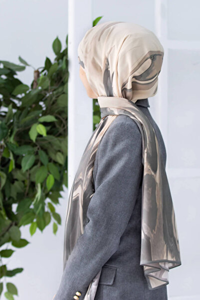 Vissona Luxury Medina Ebru Patterned Gray Color 75X195 Wrinkle-Free Shal Moss Crepe Stitch Type Italian Stitched