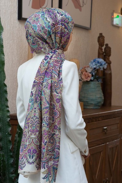 Vissona 100% Silk Etro Pattern Μπεζ - Μωβ Χρώμα 92x210 Σάλι