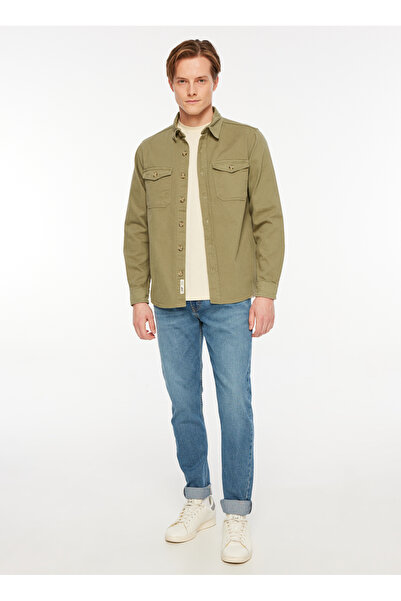 The Crow Άνετο ανδρικό πουκάμισο χακί μονόχρωμο TC3001