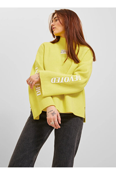 JJXX Bisiklet Yaka Oversized Baskılı Yeşil Kazak Kadın JXMAJA HIGH NECK KNIT