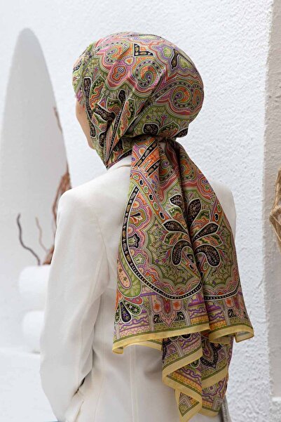 Vissona 100% Silk Etro Patterned Lemon Yellow - Orange Colored 92X210 Shawl