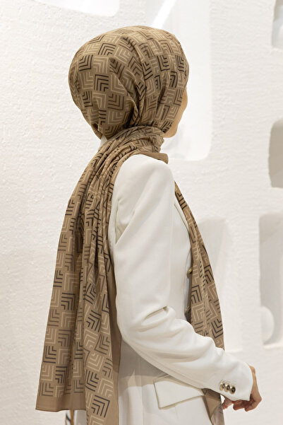 Vissona LÜKS MEDİNE İPEĞİ GEOMETRİ DESENLİ BEJ RENKLİ 75X195 KIRIŞMAZ ŞAL MOS...