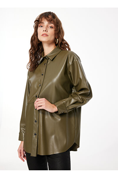 Fabrika Geniş Fit Gömlek Yaka Düz Haki Kadın Gömlek F3WL-GML12