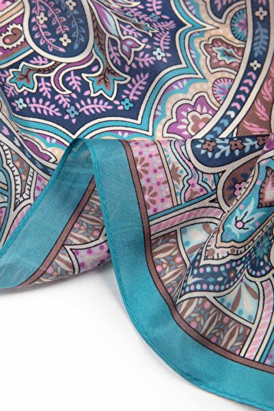 Vissona 100% Silk Etro Patterned Indigo - Pink Colored 92X210 Shawl