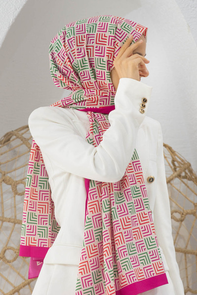 Vissona LÜKS MEDİNE İPEĞİ GEOMETRİ DESENLİ FUŞYA RENKLİ 75X195 KIRIŞMAZ ŞAL M...