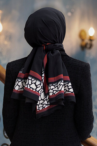 Vissona LÜKS MEDİNE İPEĞİ DESENLİ SİYAH - BORDO RENKLİ 75X195 KIRIŞMAZ ŞAL MO...