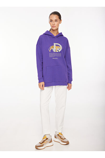 Discovery Expedition Mor Kadın Kapüşon Yaka Loose Fit Baskılı Sweatshirt D3WL-SWT25