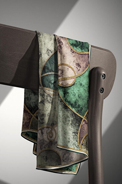 Vissona 100% Twill Silk Chain Marble Pattern Emerald Green - Khaki Color 90X90 Scarf Planting Shape: Hand Stitching