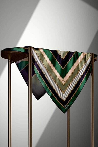 Vissona 100% Twill Silk Chain Λεπτομερές γεωμετρικό σχέδιο Σμαραγδένιο πράσινο - Μαύρο χρώμα 90x90 Σχήμα φορέματος κασκόλ