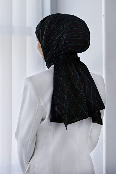 Vissona LÜKS MEDİNE İPEĞİ GEOMETRİK DESENLİ PETROL YEŞİLİ RENKLİ 75X195 KIRIŞMAZ ŞAL MOSS KREP DİKİŞ TİPİ İT