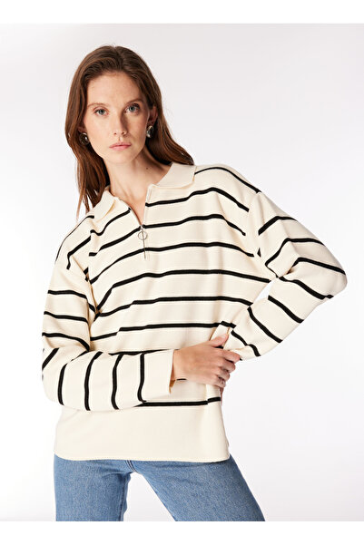FABRIKA COMFORT Gömlek Yaka Rahat Çizgili Beyaz - Siyah Kazak Kadın FC3WL-KZK25