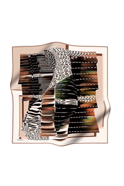 Vissona 100% Twill Silk Geometric Patterned Beige - Copper Colored 90X90 Scarf Sewing Shape: Hand Sewing