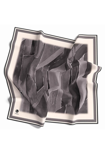 VİOLLA Kristal Suluboya Dokulu Geometrik Desenli Gri Renkli 90x90 Eşarp (İpek...