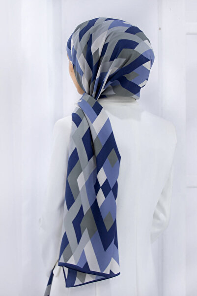 Vissona Luxury Medina Silk Geometric Patterned Indigo - Gray Color 75X195 Wrinkle Free Shawl Moss Crepe Stitch Type Ita