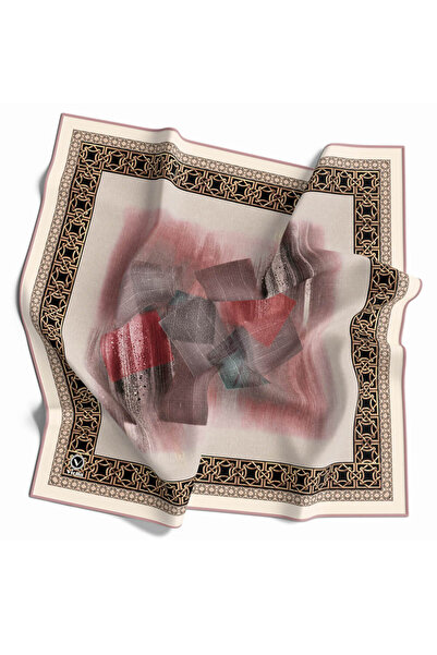 VİOLLA Twill Gold Bordürlü Batik Desenli Pudra Renkli 90x90 Eşarp (İpek İçerm...