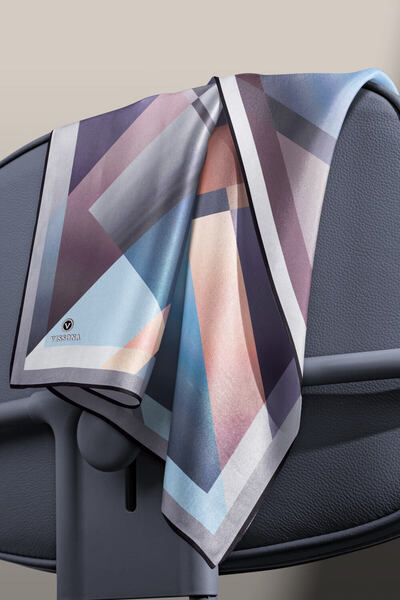 Vissona %100 Twill İpek Geometrik Desenli Gri - Bebe Mavisi Renkli 90x90 Eşarp Dikim Şekli : El Dikişi