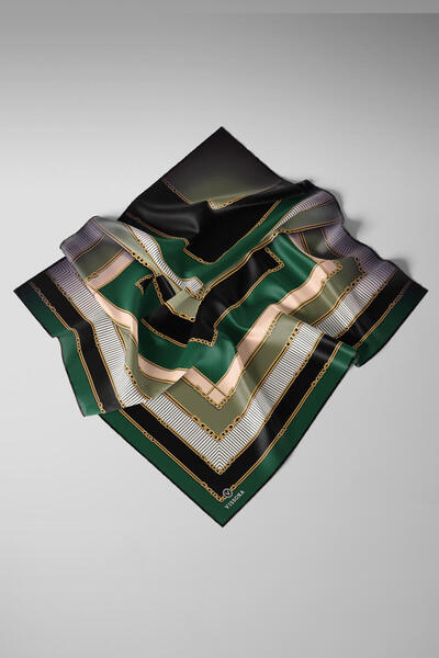Vissona 100% Twill Silk Chain Λεπτομερές γεωμετρικό σχέδιο Σμαραγδένιο πράσινο - Μαύρο χρώμα 90x90 Σχήμα φορέματος κασκόλ