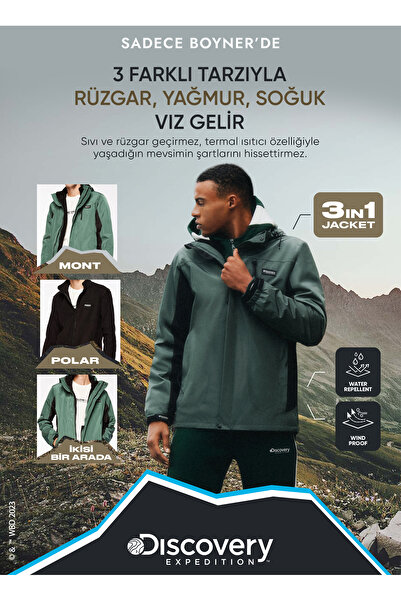 Discovery Expedition Yeşil - Siyah Erkek Kapüşon Yaka Standart Fit Blok Desen...