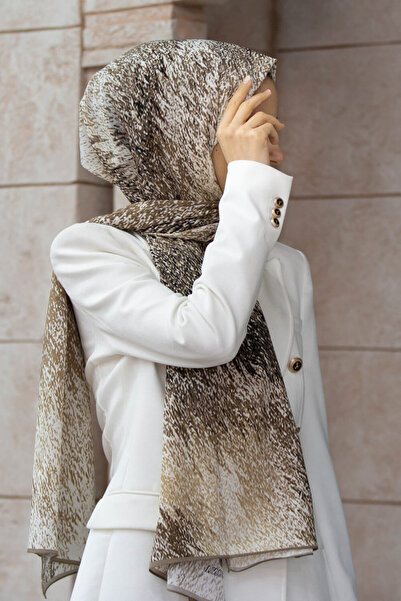 Vissona LÜKS MEDİNE İPEĞİ ZİKZAK GEOMETRİK DESENLİ TAŞ RENKLİ 75X195 KIRIŞMAZ ŞAL MOSS KREP DİKİŞ TİPİ İTALY