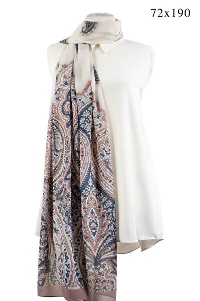 NUR İPEK KREP ŞAL ETRO DESENLİ PUDRA RENKLİ 70X190 KIRIŞMAZ ŞAL İTAYLYAN DİKİŞLİ