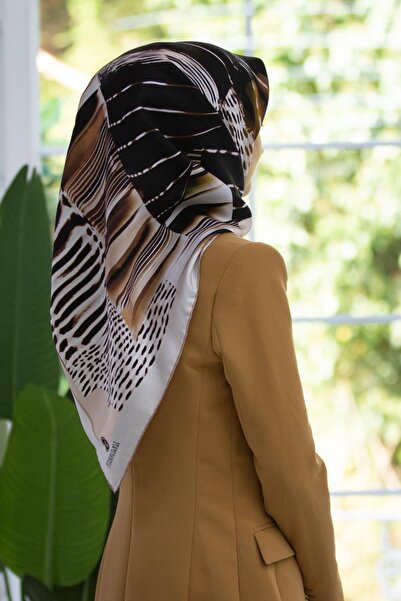 Vissona 100% Twill Silk Geometric Patterned Beige - Copper Colored 90X90 Scarf Sewing Shape: Hand Sewing