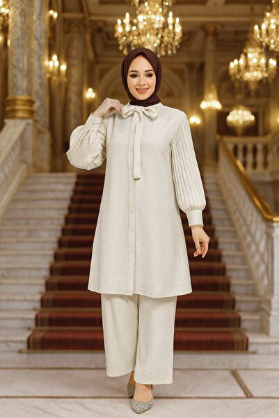 Neva Style Kolları Pileli Krem Tesettür İkili Takım 51991KR