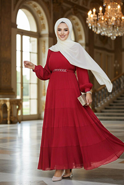 Neva Style Kat Piliseli Bordo Tesettür Elbise 44761BR