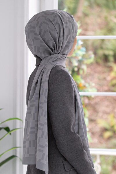 Vissona Luxurious Medina Silk - Gray Monogram Pattern, 75X195 Non-Dirty Shawl Moss Crepe Sewing Type - Italian Sewing