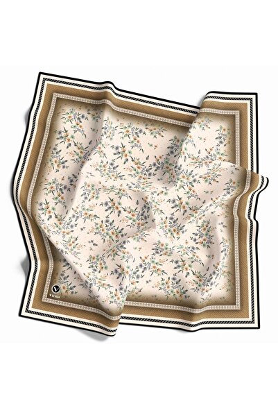 VİOLLA Twill Çıtır Çiçek Desenli Bej - Gri Renkli 90x90 Eşarp (İpek İçermez) ...
