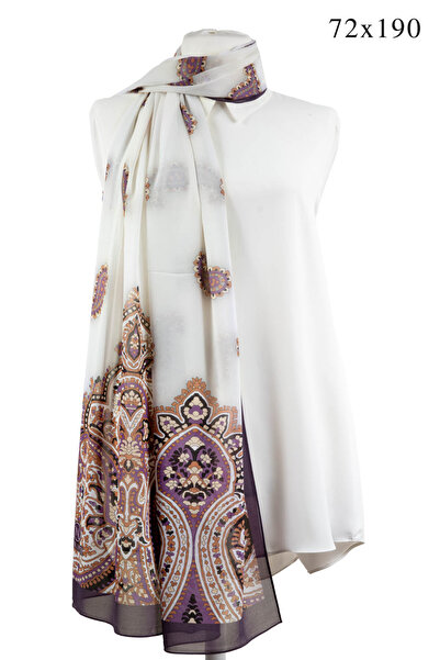 NUR İPEK KREP ŞAL ETRO DESENLİ MOR RENKLİ 70X190 KIRIŞMAZ ŞAL İTAYLYAN DİKİŞLİ