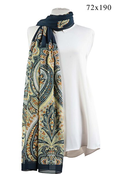 NUR İPEK KREP ŞAL ETRO DESENLİ LACİVERT RENKLİ 70X190 KIRIŞMAZ ŞAL İTAYLYAN D...