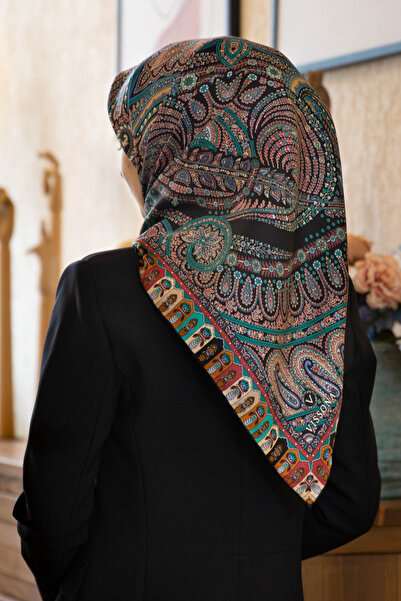 Vissona 100% Twill Silk Etro Pattern Μαύρο - Τιρκουάζ Χρώμα 90x90 Σχήμα ραψίματος κασκόλ: Ράψιμο στο χέρι