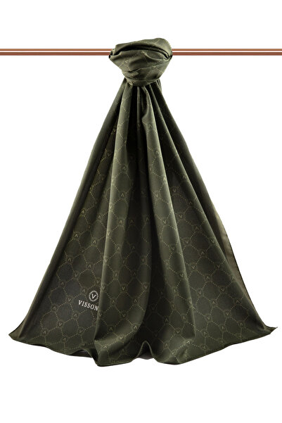 Vissona LÜKS MEDİNE İPEĞİ MONOGRAM DESENLİ HAKİ RENKLİ 75X195 KIRIŞMAZ ŞAL MOSS KREP DİKİŞ TİPİ İTALYAN DİKİ