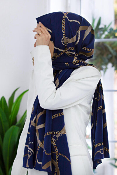 Vissona LÜKS MEDİNE İPEĞİ ZİNCİRLİ KEMER DESENLİ LACİVERT RENKLİ 75X195 KIRIŞMAZ ŞAL MOSS KREP DİKİŞ TİPİ İT