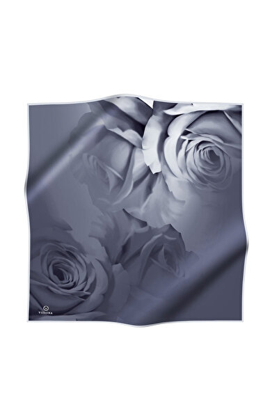 Vissona 100% Twill Silk Rose Patterned Gray - Silver Colored 90X90 Scarf Sewing Shape: Hand Sewing