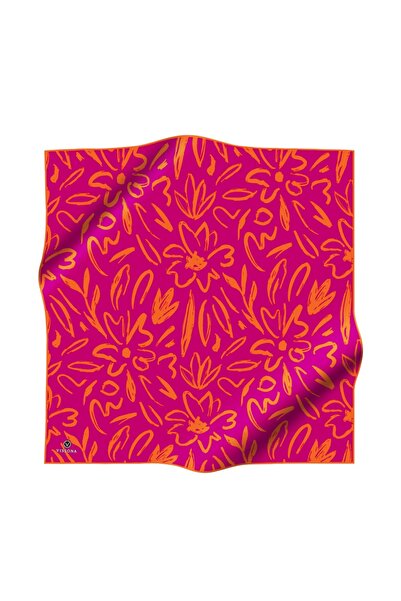 Vissona Φούξια Μεγάλο Μοτίβο Λουλουδιών 100% Μετάξι Τουβλί - Πορτοκαλί 90x90 Φουλάρι Σχήμα Ραπτικής: Ράψιμο στο χέρι