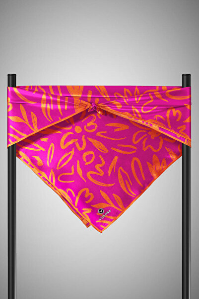 Vissona Φούξια Μεγάλο Μοτίβο Λουλουδιών 100% Μετάξι Τουβλί - Πορτοκαλί 90x90 Φουλάρι Σχήμα Ραπτικής: Ράψιμο στο χέρι