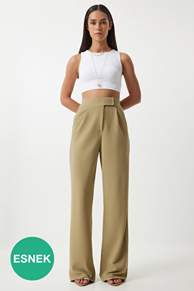 Lovelyİstanbul قطع بالازو المريحة - بنطلون فيلكرو بخصر مفتوح كاكي LRV0003