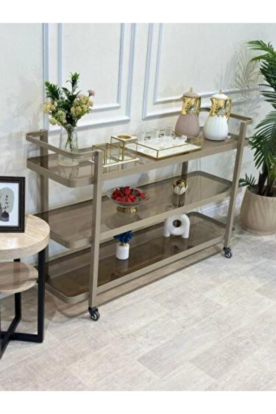 terndat عربة تقديم - ثلاث طبقات بلون الشمبانيا مع زجاج بني