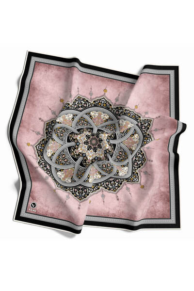 VİOLLA Twill Etnik Desenli Pudra Renkli 90x90 Eşarp (İpek İçermez) Kenar Diki...