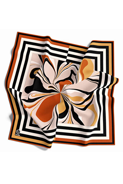 VİOLLA Twill Çizgili Bordürlü ve Ebru Çiçek Desenli Taba Renkli 90x90 Eşarp (...