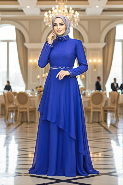 Neva Style İnci Detaylı Sax Mavisi Tesettür Abiye Elbise 22223sx