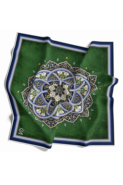 VİOLLA Twill Etnik Desenli Zümrüt Yeşili - Saks Renkli 90x90 Eşarp (İpek İçer...