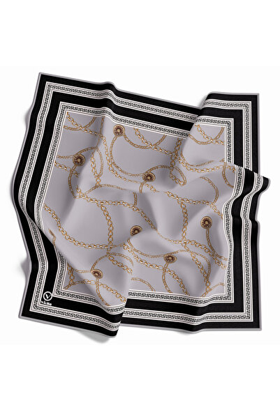 VİOLLA Twill Zincir Desenli Gri Renkli 90x90 Eşarp (İpek İçermez) Kenar Dikiş...