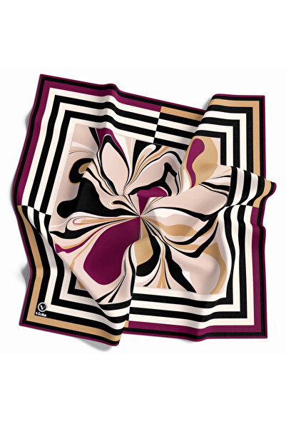 VİOLLA Twill Çizgili Bordürlü ve Ebru Çiçek Desenli Mürdüm Renkli 90x90 Eşarp...