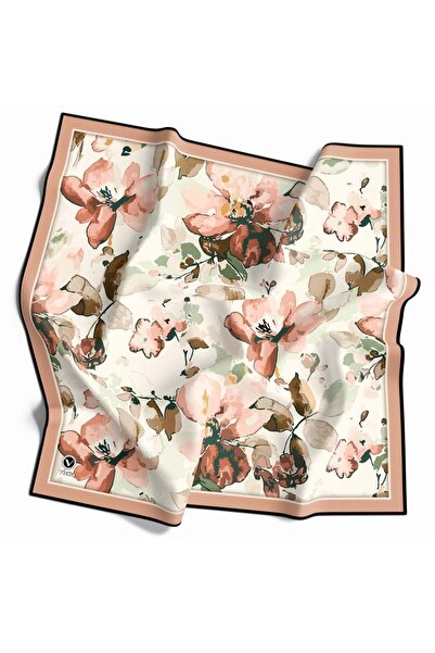 VİOLLA Twill Büyük Çiçek Desenli Somon Renkli 90x90 Eşarp (İpek İçermez) Kena...