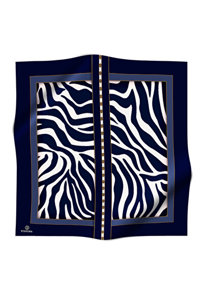 Vissona 100% Твіл, шовк, зебра-візерунок, темно-синій - кремовий колір, 90x90, шарф, ручне шиття по краях