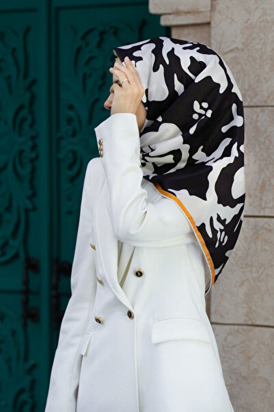 VİOLLA Eșarfă twill cu model floral, neagră - crem, 90x90 (nu conține mătase)...